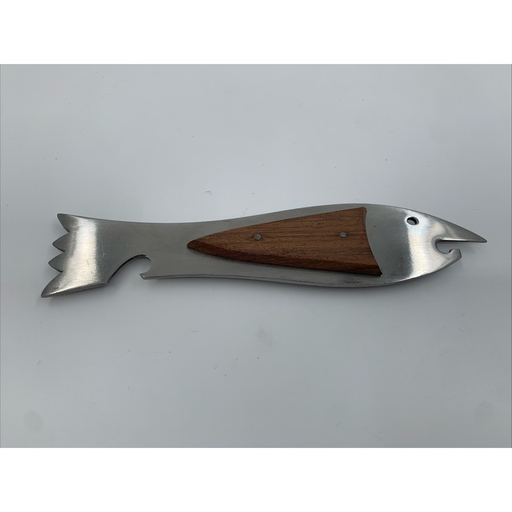 VTG MCM Fish Shape Bottle Can Opener Teak Wood Stainless Steel Bar Mancave Japan